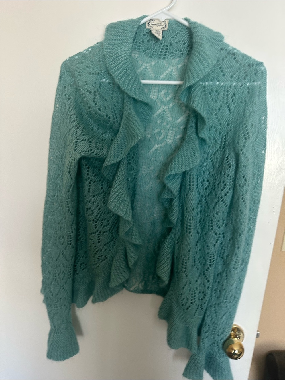 Next Era Teal Ruffle-Front Lace Knit Cardigan